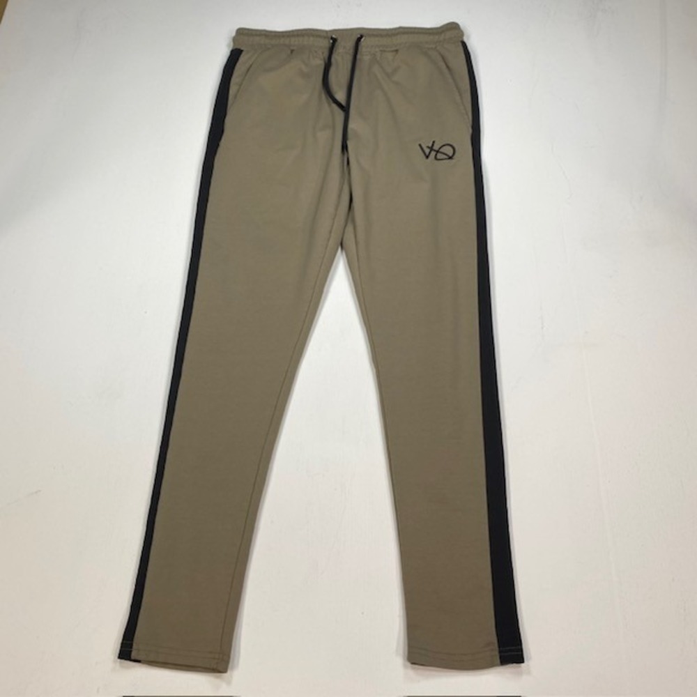 Vanquish Fitness Men Large Tan Khaki Black Stripe Tapered Joggers VQ Activewear
